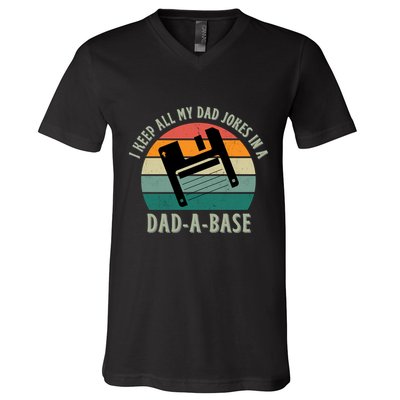 I Keep All My Dad Jokes In A DadABase Vintage Fathers Day V-Neck T-Shirt