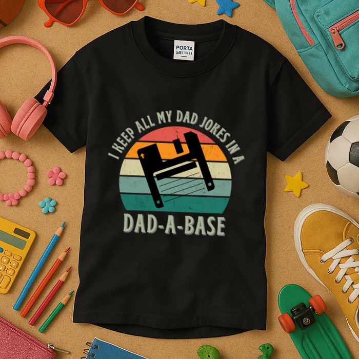 I Keep All My Dad Jokes In A DadABase Vintage Fathers Day Kids T-Shirt