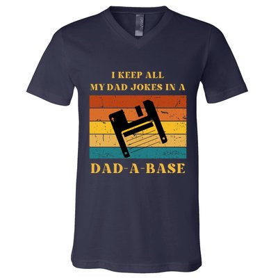I Keep All My Dad Jokes In A DadABase Vintage Fathers Day Gift V-Neck T-Shirt