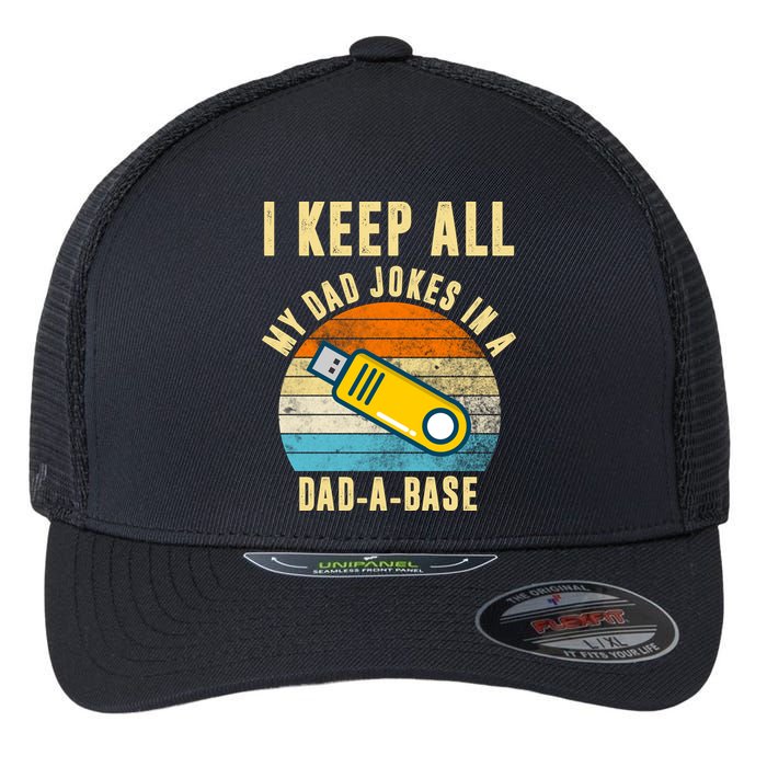 I Keep All My Dad Jokes In A Dad A Base Retro Sunset Flexfit Unipanel Trucker Cap