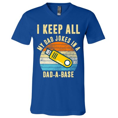 I Keep All My Dad Jokes In A Dad A Base Retro Sunset V-Neck T-Shirt