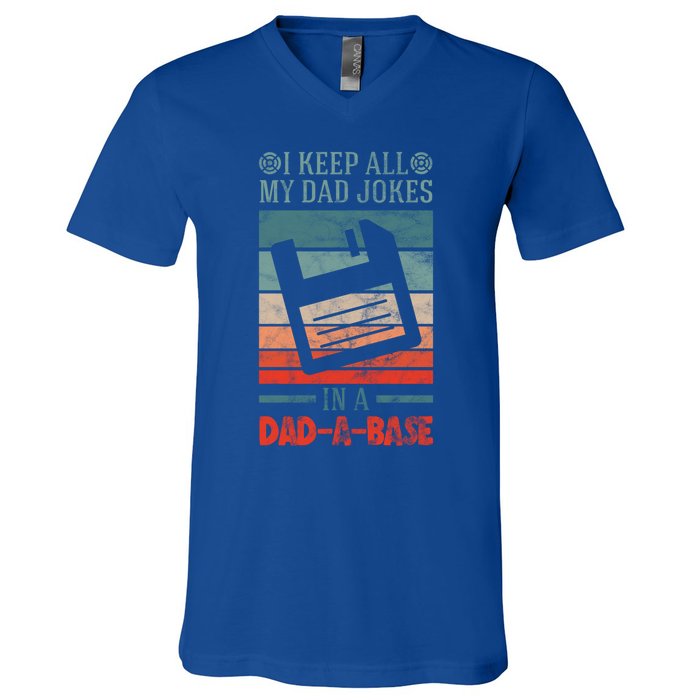 I Keep All My Dad Jokes In A Dadfunny Giftafunny Giftbase Vintage Dad Father Fun V-Neck T-Shirt