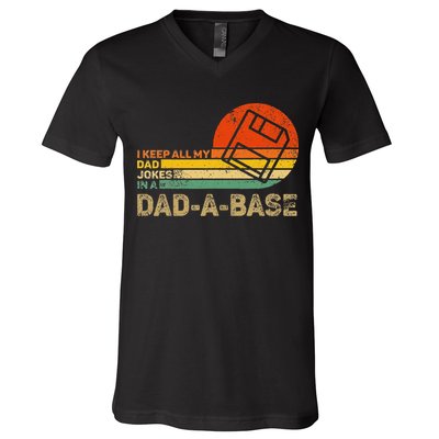 I Keep All Dad Jokes In A Dadabase Vintage Father Day V-Neck T-Shirt