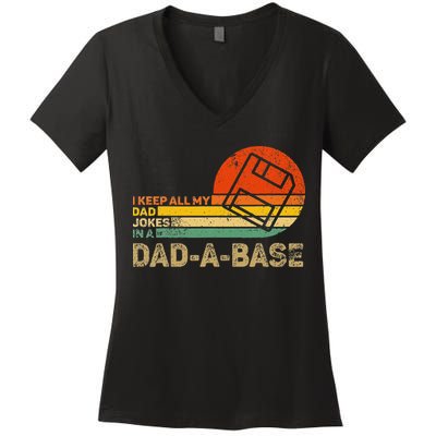 I Keep All Dad Jokes In A Dadabase Vintage Father Day Women's V-Neck T-Shirt