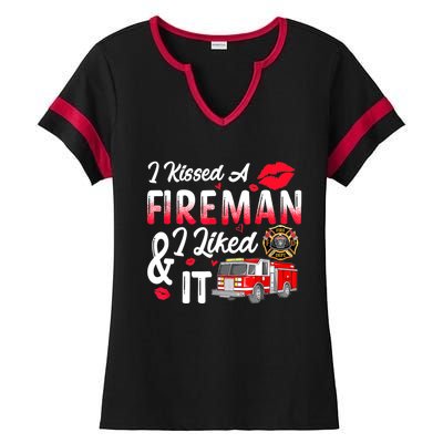 I Kissed A Fireman I Liked It Firefighter Valentine Days Ladies Halftime Notch Neck Tee