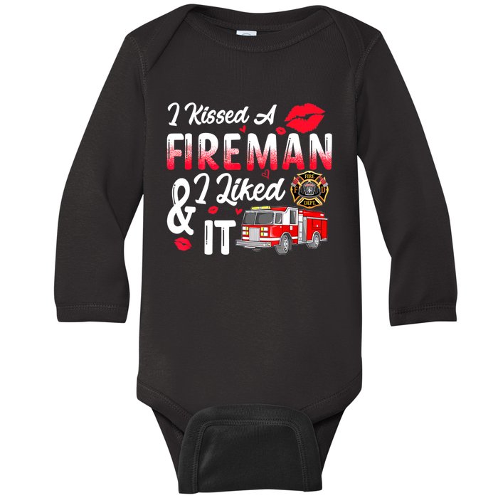 I Kissed A Fireman I Liked It Firefighter Valentine Days Baby Long Sleeve Bodysuit