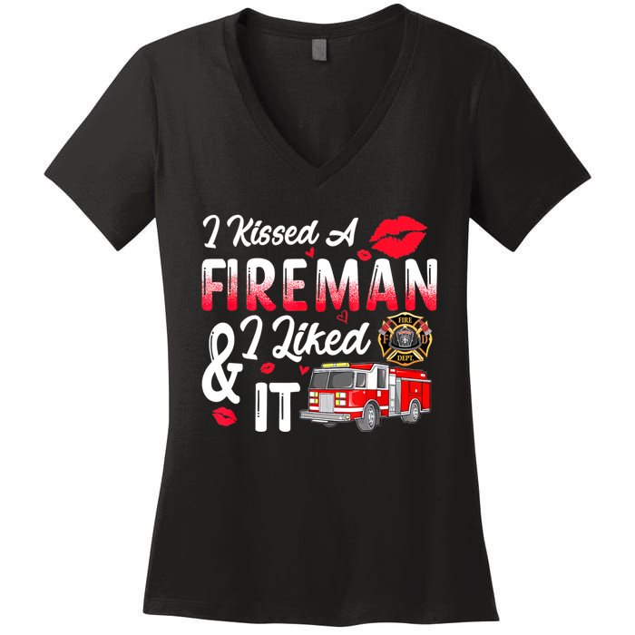 I Kissed A Fireman I Liked It Firefighter Valentine Days Women's V-Neck T-Shirt