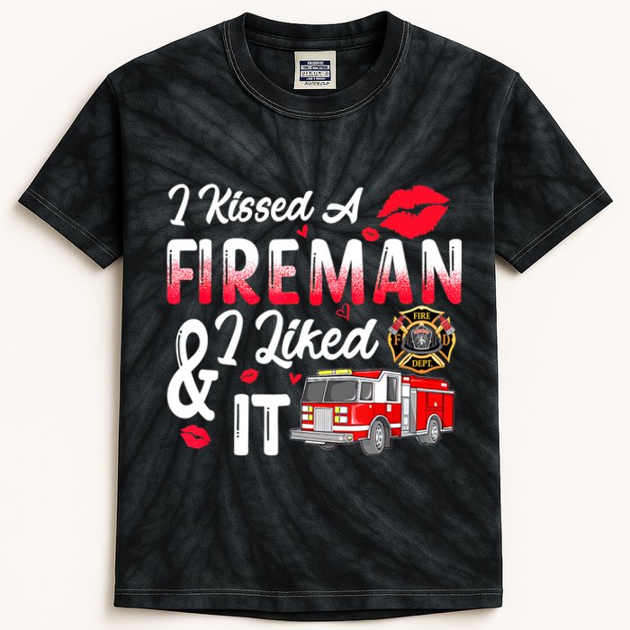 I Kissed A Fireman I Liked It Firefighter Valentine Days Kids Tie-Dye T-Shirt