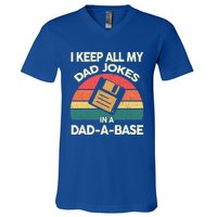 I Keep All My Dad Jokes In A Dadgiftagiftbase Vintage Fathers Day Cool Gift V-Neck T-Shirt