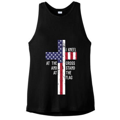 I Kneel At The Cross And Stand At The Flag USA Cross Ladies PosiCharge Tri-Blend Wicking Tank