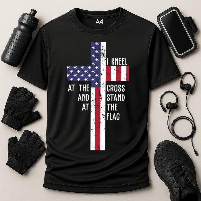 I Kneel At The Cross And Stand At The Flag USA Cross Performance Shirt