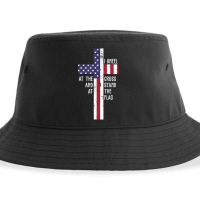 I Kneel At The Cross And Stand At The Flag USA Cross Sustainable Bucket Hat