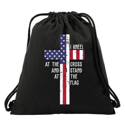 I Kneel At The Cross And Stand At The Flag USA Cross Drawstring Bag