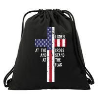 I Kneel At The Cross And Stand At The Flag USA Cross Drawstring Bag
