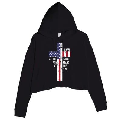 I Kneel At The Cross And Stand At The Flag USA Cross Crop Fleece Hoodie
