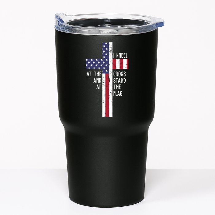 I Kneel At The Cross And Stand At The Flag USA Cross Tumbler