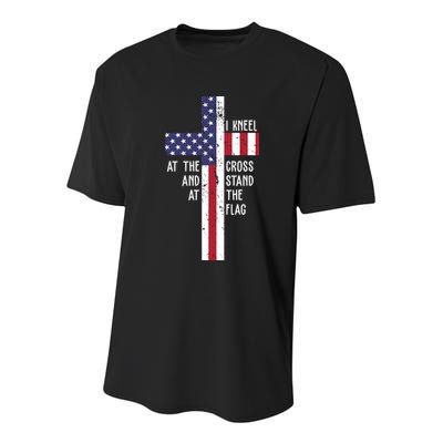 I Kneel At The Cross And Stand At The Flag USA Cross Youth Performance Sprint T-Shirt
