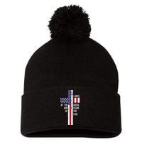 I Kneel At The Cross And Stand At The Flag USA Cross Pom Pom 12in Knit Beanie