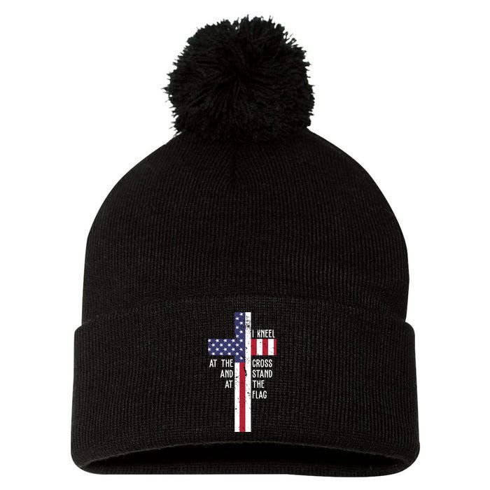 I Kneel At The Cross And Stand At The Flag USA Cross Pom Pom 12in Knit Beanie