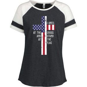 I Kneel At The Cross And Stand At The Flag USA Cross Enza Ladies Jersey Colorblock Tee