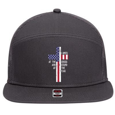 I Kneel At The Cross And Stand At The Flag USA Cross 7 Panel Mesh Trucker Snapback Hat