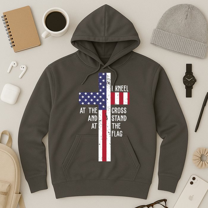 I Kneel At The Cross And Stand At The Flag USA Cross Hoodie