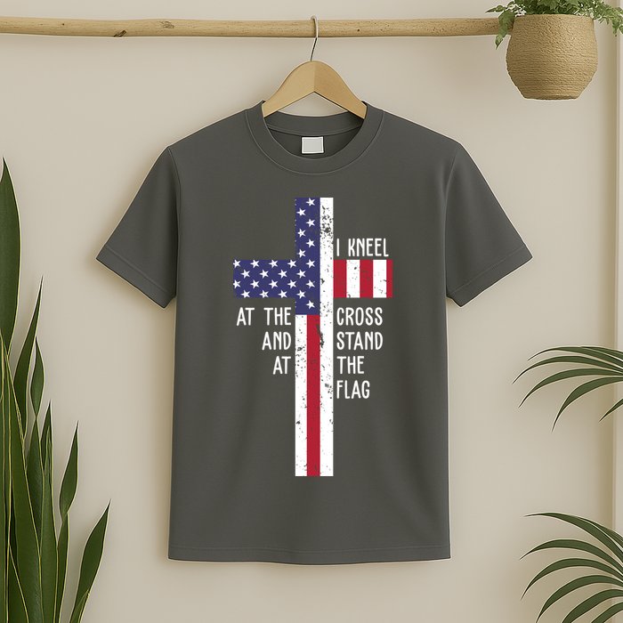 I Kneel At The Cross And Stand At The Flag USA Cross T-Shirt