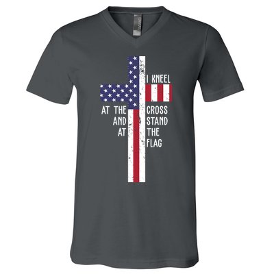 I Kneel At The Cross And Stand At The Flag USA Cross V-Neck T-Shirt