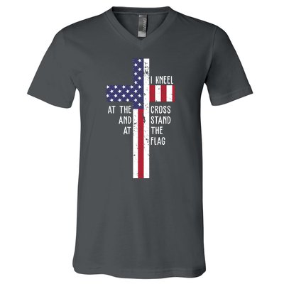 I Kneel At The Cross And Stand At The Flag USA Cross V-Neck T-Shirt