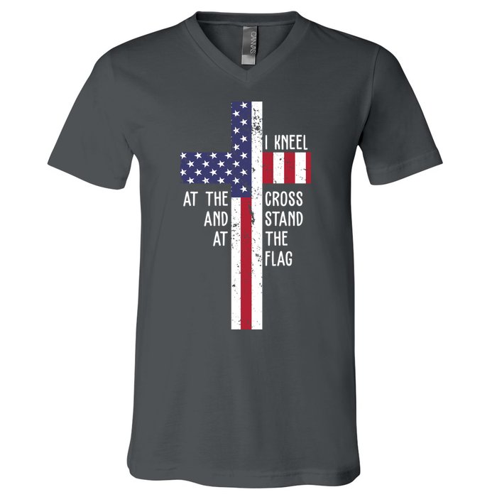 I Kneel At The Cross And Stand At The Flag USA Cross V-Neck T-Shirt