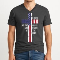 I Kneel At The Cross And Stand At The Flag USA Cross V-Neck T-Shirt