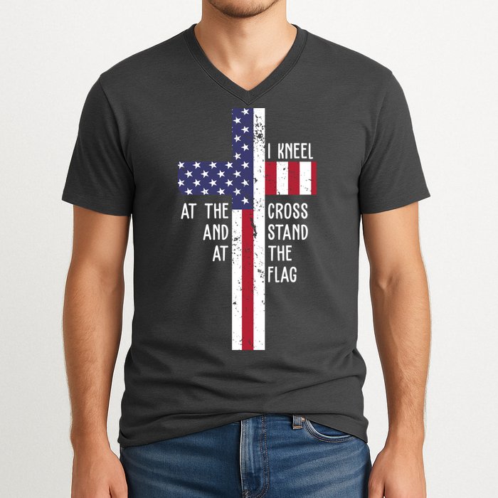 I Kneel At The Cross And Stand At The Flag USA Cross V-Neck T-Shirt