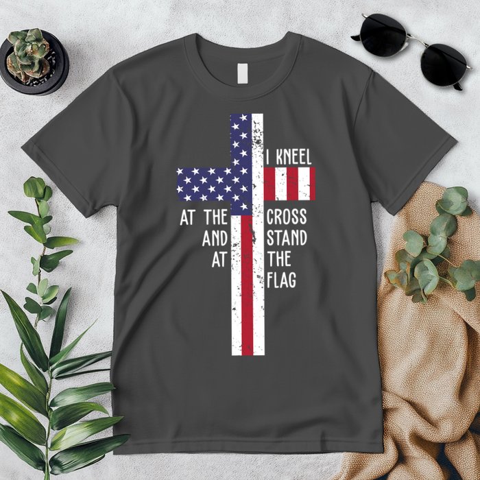 I Kneel At The Cross And Stand At The Flag USA Cross Premium T-Shirt