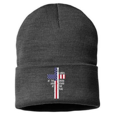 I Kneel At The Cross And Stand At The Flag USA Cross Sustainable Knit Beanie