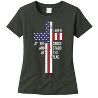 I Kneel At The Cross And Stand At The Flag USA Cross Womens T-Shirt