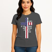 I Kneel At The Cross And Stand At The Flag USA Cross Womens T-Shirt