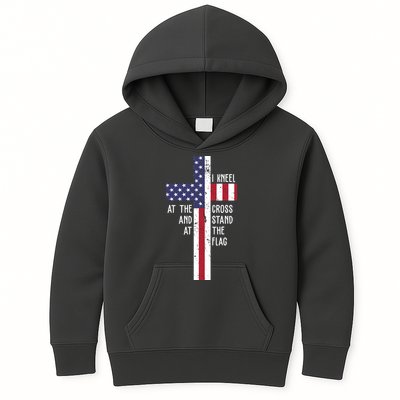 I Kneel At The Cross And Stand At The Flag USA Cross Kids Hoodie