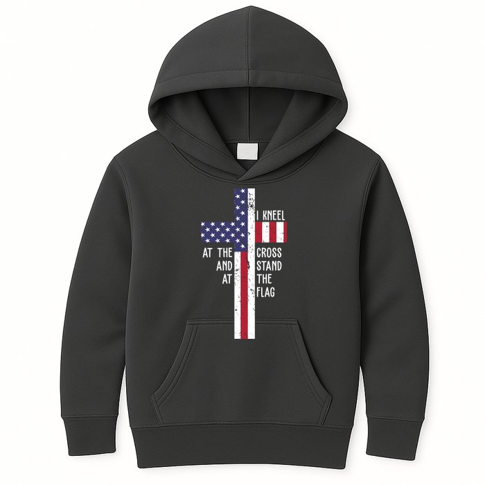 I Kneel At The Cross And Stand At The Flag USA Cross Kids Hoodie