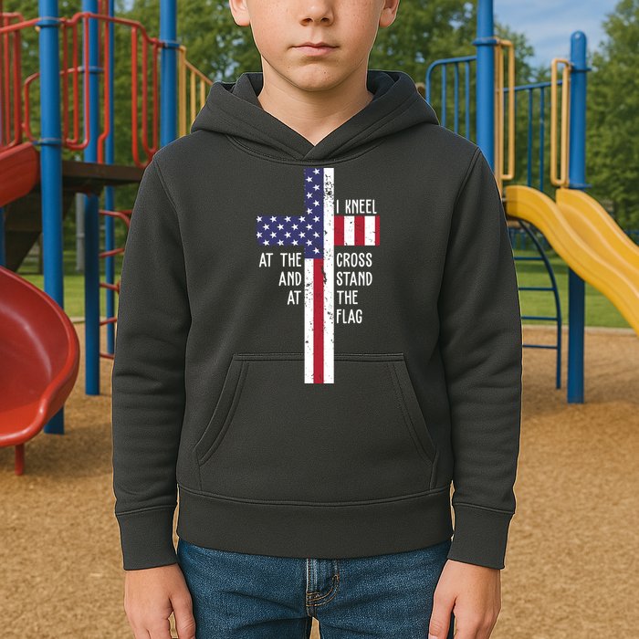 I Kneel At The Cross And Stand At The Flag USA Cross Kids Hoodie