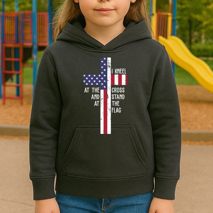 I Kneel At The Cross And Stand At The Flag USA Cross Kids Hoodie