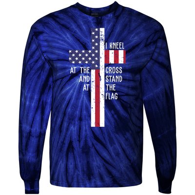 I Kneel At The Cross And Stand At The Flag USA Cross Tie-Dye Long Sleeve Shirt