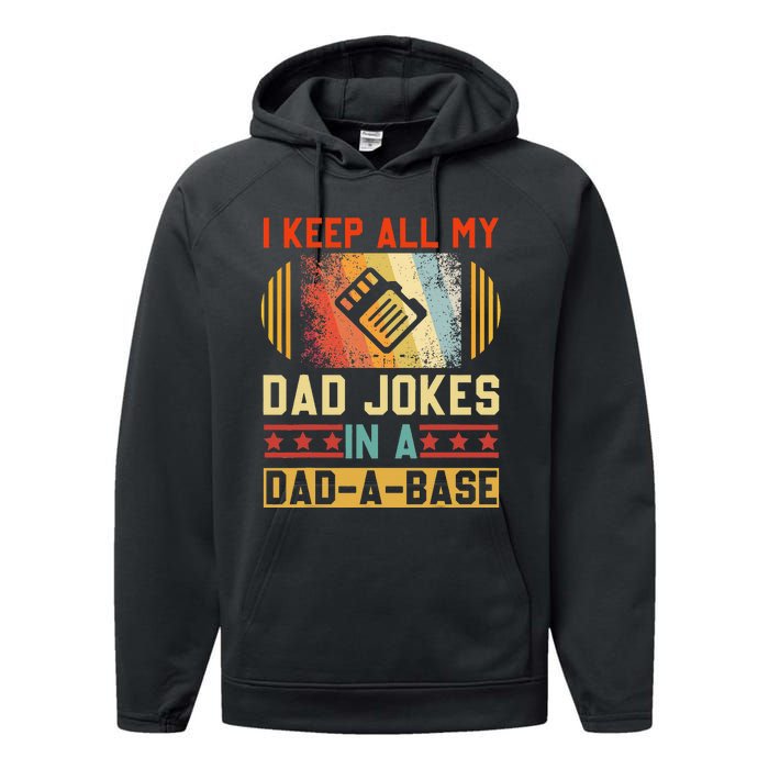 I Keep All My Dad Jokes In A DadABase Vintage Fathers Day Performance Fleece Hoodie