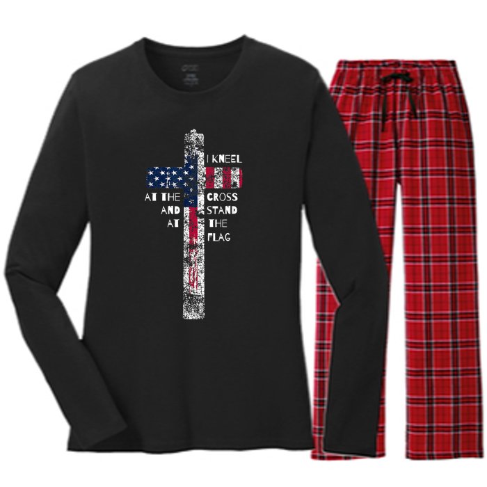 I Kneel At The Cross And Stand At The Flag Men Women Women's Long Sleeve Flannel Pajama Set 