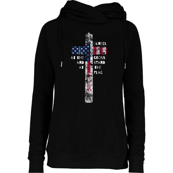 I Kneel At The Cross And Stand At The Flag Men Women Womens Funnel Neck Pullover Hood