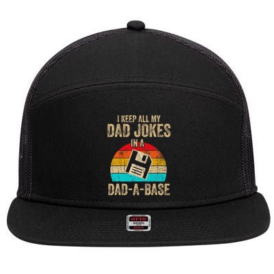 I Keep All My Dad Jokes In A Dadabase Vintage Fathers Day 7 Panel Mesh Trucker Snapback Hat