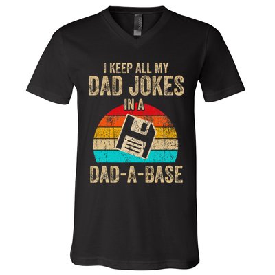 I Keep All My Dad Jokes In A Dadabase Vintage Fathers Day V-Neck T-Shirt