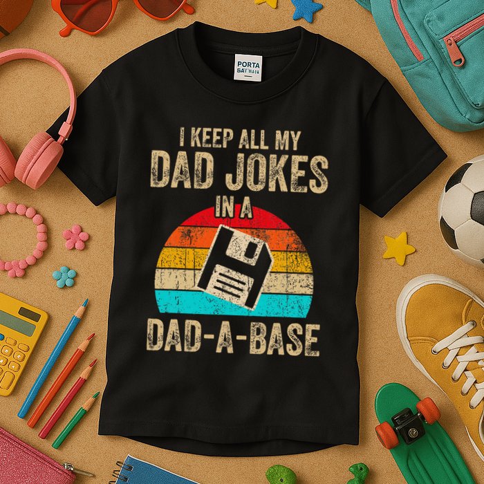 I Keep All My Dad Jokes In A Dadabase Vintage Fathers Day Kids T-Shirt
