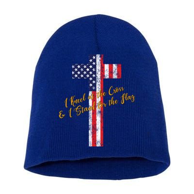 I Kneel At The Cross And Stand For The Flag Vintage Gift Short Acrylic Beanie