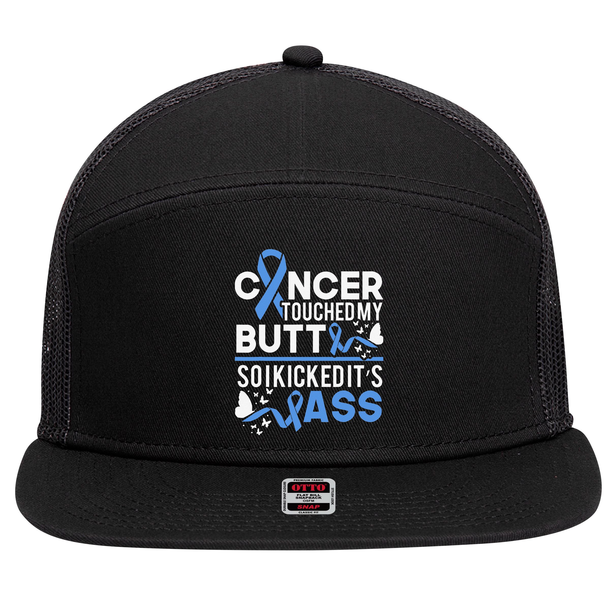 i kicked cancers butt Colon cancer awareness 7 Panel Mesh Trucker Snapback Hat