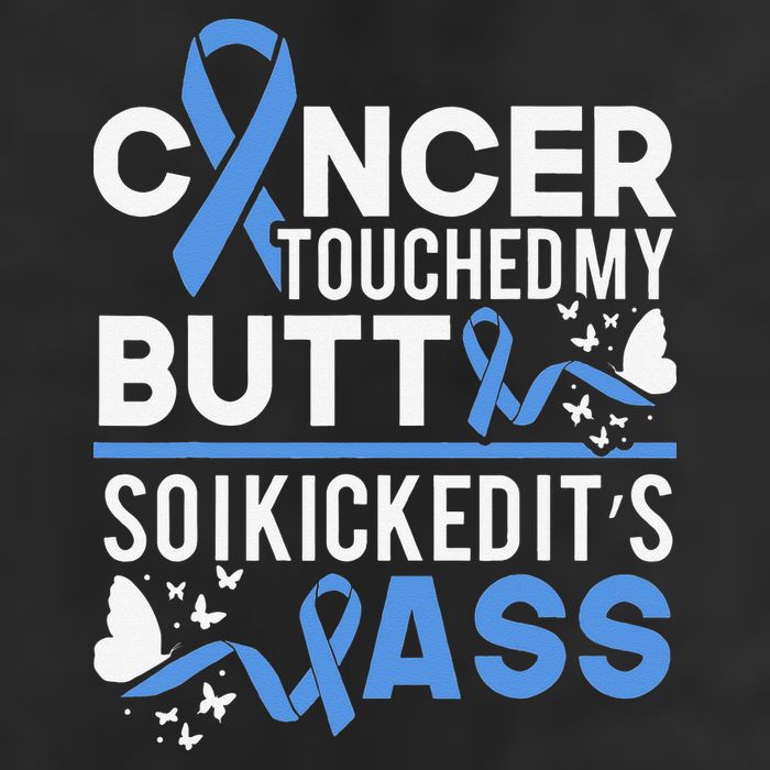 i kicked cancers butt Colon cancer awareness 7 Panel Mesh Trucker Snapback Hat